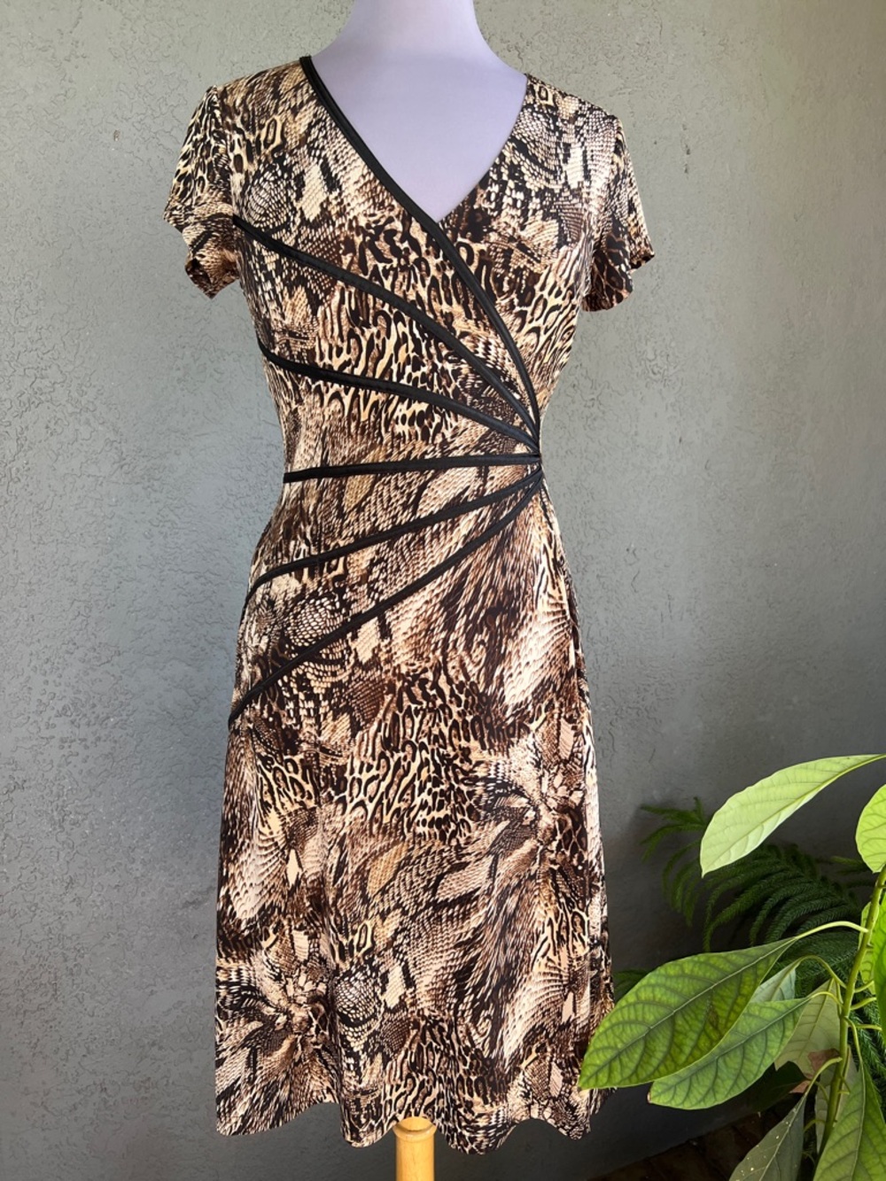 Connected Apparel Animal Print V-Neck Wrap Dress in Browns and Blacks - Size 8
